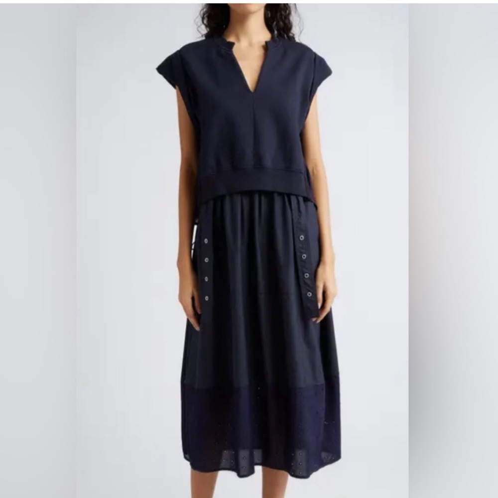 3.1 PHILLIP LIM Mixed Media Cotton Midi Dress in Midnight, SIZE medium